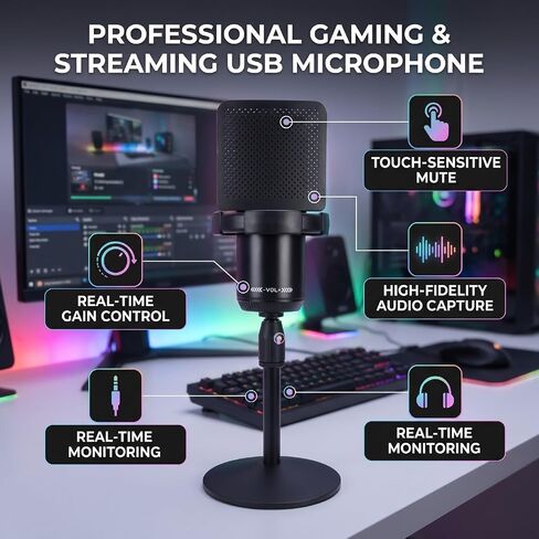 USB Condenser Microphone with Real Time Gain Control and RGB Light for Streaming PC and Gaming Setup in Saudi Arabia