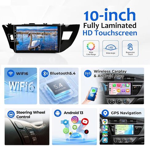5G-WiFi6 (4Core 64G ROM) Car Radio Stereo for Toyota Corolla 2014-2016,10 inch Touch Screen Head Unit with Wireless Carplay Android Auto GPS Bluetooth SWC FM HD Backup Camera in Saudi Arabia