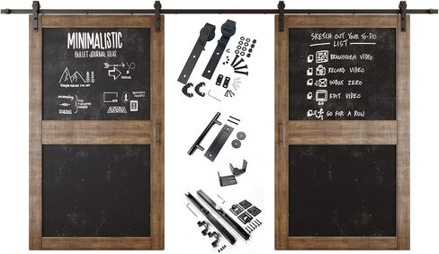 Dark Walnut 48 in. x 84 in. Double Sliding Barn Door, 2 Finished Chalkboard Barn Doors with 18ft Non-Bypass Installation Hardware Kit, Solid Wood Frame, Unassembled, Interior Use Only in Kuwait