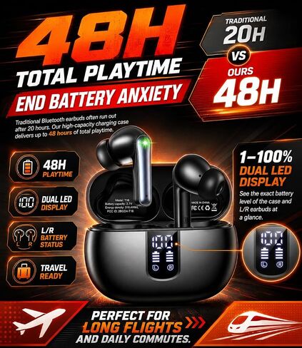 foxotin Wireless Earbuds, Bluetooth 5.4 Headphones with 48H Playback & Dual LED Display, IP7 Waterproof in-Ear Earphones with Noise Cancelling Mic, Deep Bass Stereo, Touch Control for Sports, Ocean in Saudi Arabia