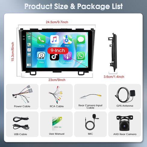 4+64G Wireless Carplay & Android Auto Car Stereo for Honda CRV 2007-2011, 9" Touch Screen Bluetooth Receiver with GPS Navigation Mirror Link WiFi RDS Hi-Fi Bluetooth AHD Backup Camera MIC in Kuwait