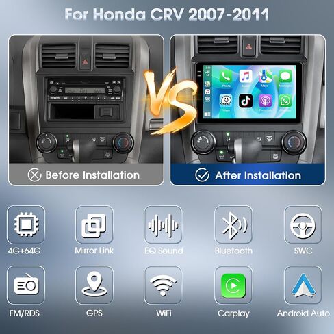 4+64G Wireless Carplay & Android Auto Car Stereo for Honda CRV 2007-2011, 9" Touch Screen Bluetooth Receiver with GPS Navigation Mirror Link WiFi RDS Hi-Fi Bluetooth AHD Backup Camera MIC in Kuwait