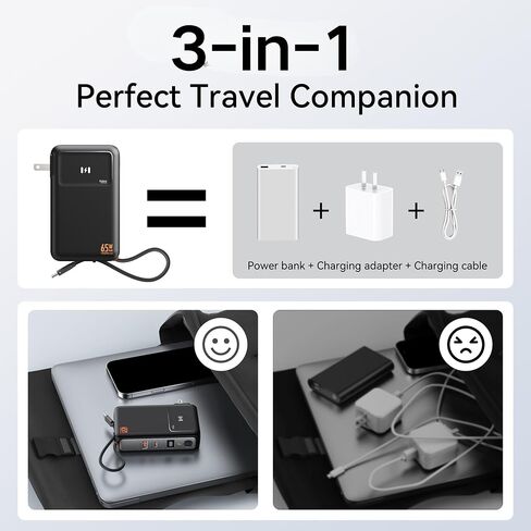 شاحن هاتف محمول Selore&S-Global 3 في 1 مع قابس حائط، بنك طاقة USB-C بقدرة 10000 مللي أمبير في الساعة مع كابل مدمج، حزمة بطارية محمولة بقدرة 35 وات لهواتف iPhone وSamsung Android وشاحن حائط بقدرة 65 وات لأجهزة الكمبيوتر المحمول MacBook in Kuwait