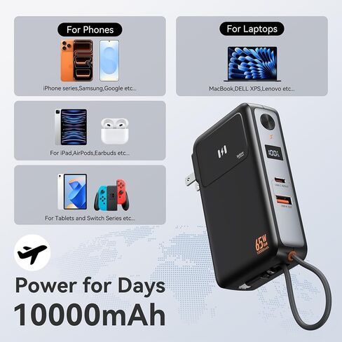 شاحن هاتف محمول Selore&S-Global 3 في 1 مع قابس حائط، بنك طاقة USB-C بقدرة 10000 مللي أمبير في الساعة مع كابل مدمج، حزمة بطارية محمولة بقدرة 35 وات لهواتف iPhone وSamsung Android وشاحن حائط بقدرة 65 وات لأجهزة الكمبيوتر المحمول MacBook in Kuwait