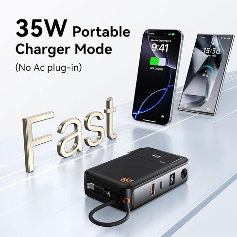 شاحن هاتف محمول Selore&S-Global 3 في 1 مع قابس حائط، بنك طاقة USB-C بقدرة 10000 مللي أمبير في الساعة مع كابل مدمج، حزمة بطارية محمولة بقدرة 35 وات لهواتف iPhone وSamsung Android وشاحن حائط بقدرة 65 وات لأجهزة الكمبيوتر المحمول MacBook in Kuwait