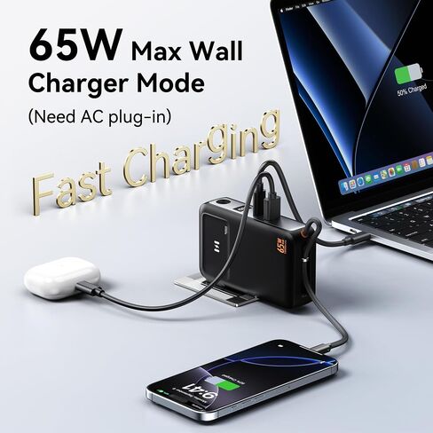 شاحن هاتف محمول Selore&S-Global 3 في 1 مع قابس حائط، بنك طاقة USB-C بقدرة 10000 مللي أمبير في الساعة مع كابل مدمج، حزمة بطارية محمولة بقدرة 35 وات لهواتف iPhone وSamsung Android وشاحن حائط بقدرة 65 وات لأجهزة الكمبيوتر المحمول MacBook in Kuwait