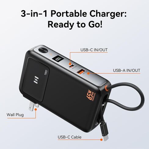 شاحن هاتف محمول Selore&S-Global 3 في 1 مع قابس حائط، بنك طاقة USB-C بقدرة 10000 مللي أمبير في الساعة مع كابل مدمج، حزمة بطارية محمولة بقدرة 35 وات لهواتف iPhone وSamsung Android وشاحن حائط بقدرة 65 وات لأجهزة الكمبيوتر المحمول MacBook in Kuwait