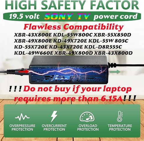 19.5 Volt for Sony tv Power Cord KDL-55W805C, KD-55X720E, KDL-55W800C, XBR-43X800E, XBR-43X800D, XBR-49X800E, XBR-49X800D, XBR-55X850D, and KD-43X720E TV Power Supplies Perfect Replacement to in Saudi Arabia