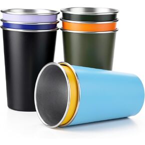 8 Pack Metal Cups 16oz - Stainless Steel Glasses Set, Reusable Aluminum Cups for Camping, Travel, Outdoors - Stackable Cup Design, Shatterproof, BPA-Free, Dishwasher Safe, 3.54x4.72 Inch in Saudi Arabia