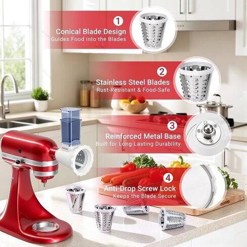 Updated Cheese Grater Slicer Shredder Attachment for KitchenAid Stand Mixers, Salad Machine with Vegetable Slicer, Salad Maker, Food Slicers Slicer Shredder Attachment with 4 Blades Dishwasher Safe in Kuwait