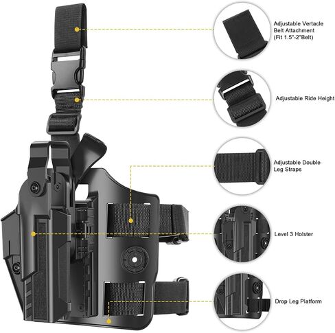 Level II Drop Leg Holster, Right Hand, Black - Glock 17, 19, 19X, 22, 23, 32, 44, 45 - OWB Paddle Holster with Adjustable Retention and Thumb Release in Saudi Arabia
