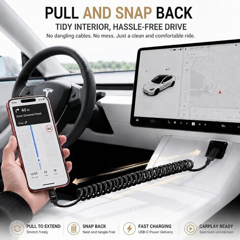 pzoz 240W USB C Retractable Coiled Cable with LED Display, CarPlay Cable in Kuwait