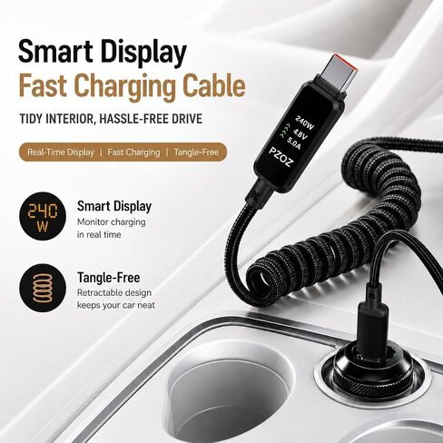 pzoz 240W USB C Retractable Coiled Cable with LED Display, CarPlay Cable in Kuwait