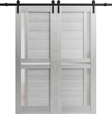 SARTODOORS Sturdy Double Barn Door with Frosted Glass | Veregio 7288 Light Grey Oak | 13FT Rail Hangers Heavy Set | Solid Panel Interior Doors-84" x 96" (2 * 42x96)-Black Rail in Saudi Arabia