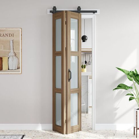 FREDBECK Bifold Frosted Glass Barn Doors Brown 28X84,Hardware Kit Included in Saudi Arabia