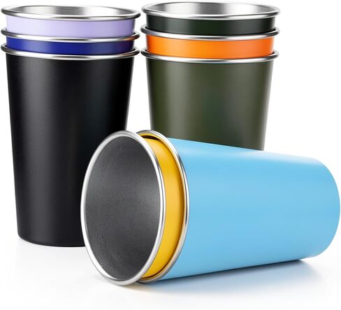 8 Pack Metal Cups 16oz - Stainless Steel Glasses Set, Reusable Aluminum Cups for Camping, Travel, Outdoors - Stackable Cup Design, Shatterproof, BPA-Free, Dishwasher Safe, 3.54x4.72 Inch in Saudi Arabia