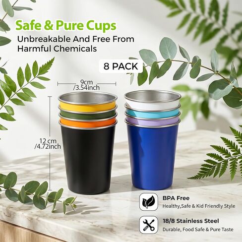 8 Pack Metal Cups 16oz - Stainless Steel Glasses Set, Reusable Aluminum Cups for Camping, Travel, Outdoors - Stackable Cup Design, Shatterproof, BPA-Free, Dishwasher Safe, 3.54x4.72 Inch in Saudi Arabia
