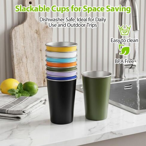 8 Pack Metal Cups 16oz - Stainless Steel Glasses Set, Reusable Aluminum Cups for Camping, Travel, Outdoors - Stackable Cup Design, Shatterproof, BPA-Free, Dishwasher Safe, 3.54x4.72 Inch in Saudi Arabia