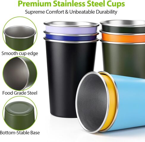 8 Pack Metal Cups 16oz - Stainless Steel Glasses Set, Reusable Aluminum Cups for Camping, Travel, Outdoors - Stackable Cup Design, Shatterproof, BPA-Free, Dishwasher Safe, 3.54x4.72 Inch in Saudi Arabia