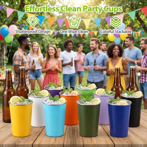 8 Pack Metal Cups 16oz - Stainless Steel Glasses Set, Reusable Aluminum Cups for Camping, Travel, Outdoors - Stackable Cup Design, Shatterproof, BPA-Free, Dishwasher Safe, 3.54x4.72 Inch in Saudi Arabia