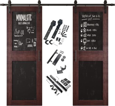 Red Mahogany 42 in. x 84 in. Double Sliding Barn Door, 2 Finished Chalkboard Barn Doors with 15ft Non-Bypass Installation Hardware Kit, Solid Wood Frame, Unassembled, Interior Use Only in Kuwait