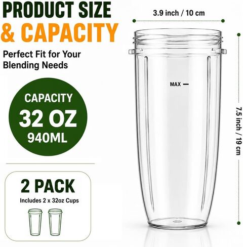 YQL 2-Pack 32oz أكواب خلاط بديلة لـ NutriBullet 600W و900W in Kuwait