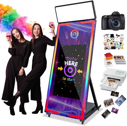 62in Magic Mirror Photo Booth with Camera and Printer, Mirror Photo Booth with 32in Touch Screen Built-in Mini PC,RBG Light,Instant Print and Sharing for Party(White) in Saudi Arabia