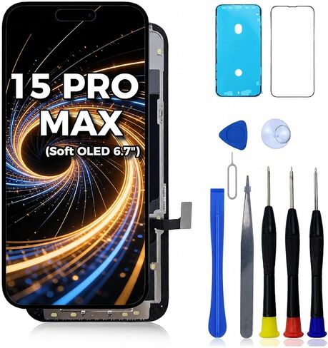 OLED Soft for iPhone 15 Pro Max Screen Replacement A2849 LCD for iPhone 15 Pro Max Display A3105 A3106 A3108 Screen Digitizer 3D Touch Assembly Repair Part Kit with Tools in Saudi Arabia