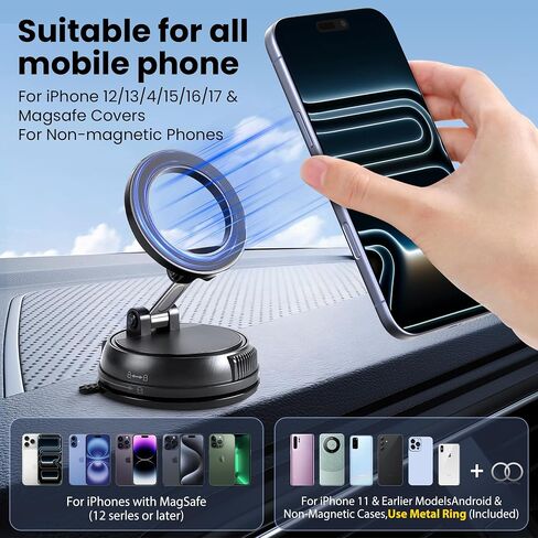 Magnetic Phone Holders for Your Car, Vacuum Car Phone Holder for Magsafe, Strong Suction and 360° Adjustable Foldable Car Phone Mount for iPhone 17 Pro Max 16 15 14 13 12 Plus & Android, Black in Saudi Arabia