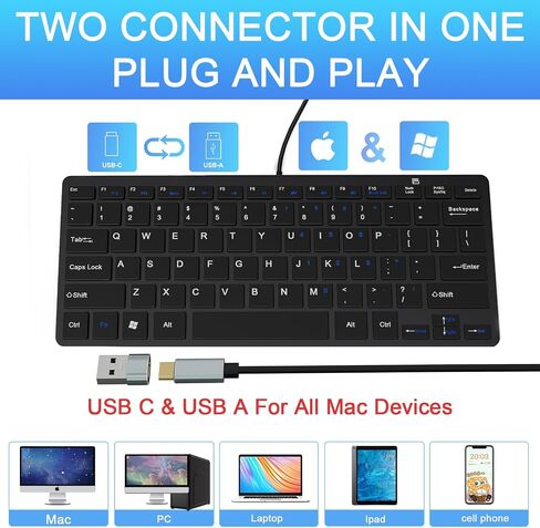 Ultra-Slim 78keys USB-C Mini Wired Keyboard with Media Hotkeys for Apple Mac Pro, MacBook 56Pro/ iMac, Air, Mac Mini, Laptop Computers, Windows Desktop PC 11/10/8/7, With USB-C to A OTG Adapter, Black in Saudi Arabia