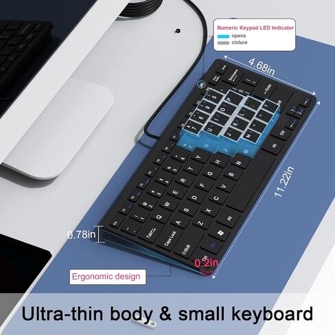 Ultra-Slim 78keys USB-C Mini Wired Keyboard with Media Hotkeys for Apple Mac Pro, MacBook 56Pro/ iMac, Air, Mac Mini, Laptop Computers, Windows Desktop PC 11/10/8/7, With USB-C to A OTG Adapter, Black in Saudi Arabia