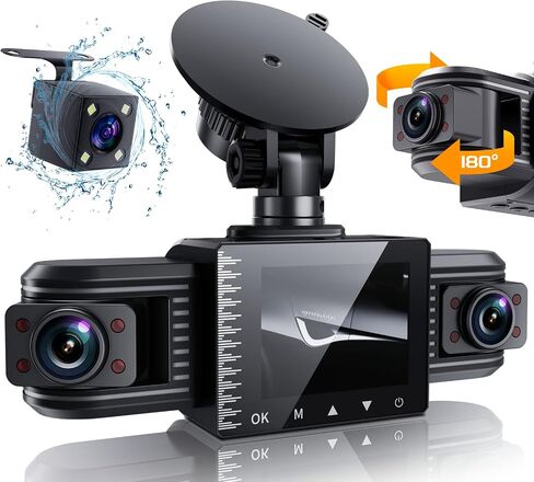 iiwey T1-pro Dash Cam Front and Rear Inside 3 Channel 1080P, Adjustable Lens Dash Camera for Cars with 8 IR Lamps Night Vision, Three Ways Triple Car Camera, Loop Recording, G-Sensor, Parking Monitor in Saudi Arabia