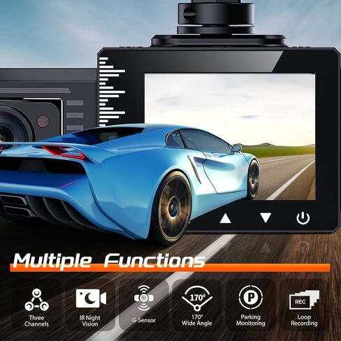 iiwey T1-pro Dash Cam Front and Rear Inside 3 Channel 1080P, Adjustable Lens Dash Camera for Cars with 8 IR Lamps Night Vision, Three Ways Triple Car Camera, Loop Recording, G-Sensor, Parking Monitor in Saudi Arabia