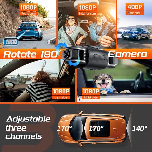 iiwey T1-pro Dash Cam Front and Rear Inside 3 Channel 1080P, Adjustable Lens Dash Camera for Cars with 8 IR Lamps Night Vision, Three Ways Triple Car Camera, Loop Recording, G-Sensor, Parking Monitor in Saudi Arabia