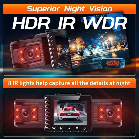 iiwey T1-pro Dash Cam Front and Rear Inside 3 Channel 1080P, Adjustable Lens Dash Camera for Cars with 8 IR Lamps Night Vision, Three Ways Triple Car Camera, Loop Recording, G-Sensor, Parking Monitor in Saudi Arabia