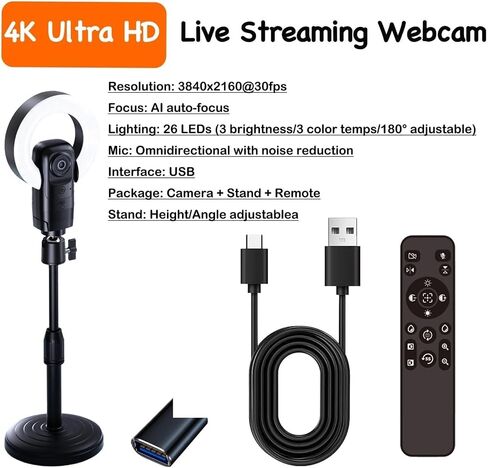 Webcam 4K Streaming AI Autofocus Ring Light Microphone Remote USB in Kuwait