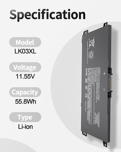 55.8Wh LK03XL Battery Replacement for hp Envy x360 Convertible 15m-bp1xx 15m-cn0xxx 15m-cp0xxx 15m-cn0011dx 15m-cn0012dx 15m-bp112dx 17m-ae0xx 17-bw 17m-ae111dx 916368-421 l09281-855 916814-855 11.55V in Kuwait