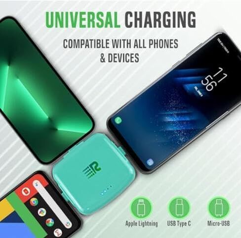 باور بانك صغير الحجم من Rush Charge Universe، شاحن محمول Lightning USB-C باللون الأزرق المخضر in Kuwait