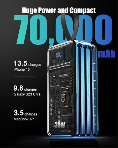 70000mAh Portable Charger, 35W Fast Charging Power Bank Built-in 3 Cables with 7 Ports, High Capacity Large External Battery Pack for iPhone,Galaxy,Steam Deck, Camping Travel Essentials in Kuwait
