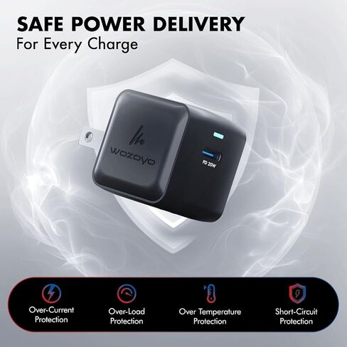 PD 20W GaN Charger, Wozoyo Type-C Fast Charger Compatible for iPhone 17/16/16 Pro Max/15 Series/iPad Pro, Smartphones & Tablets, QC 3.0,Compact Foldable Plug Design, Smart Power Delivery in Kuwait