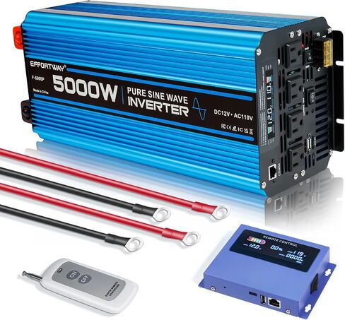 5000W Pure sine Wave Inverter DC 12V to AC 110V/120V Converter 10000w (Peak) with LCD Display Wireless/Wired Remote Control 4AC outlets 4USB and Hardwired AC.Ideal for RV Travel Off-Grid Solar Systems in Kuwait