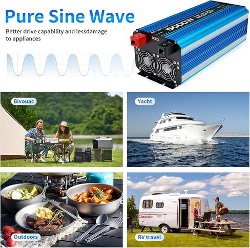 5000W Pure sine Wave Inverter DC 12V to AC 110V/120V Converter 10000w (Peak) with LCD Display Wireless/Wired Remote Control 4AC outlets 4USB and Hardwired AC.Ideal for RV Travel Off-Grid Solar Systems in Kuwait