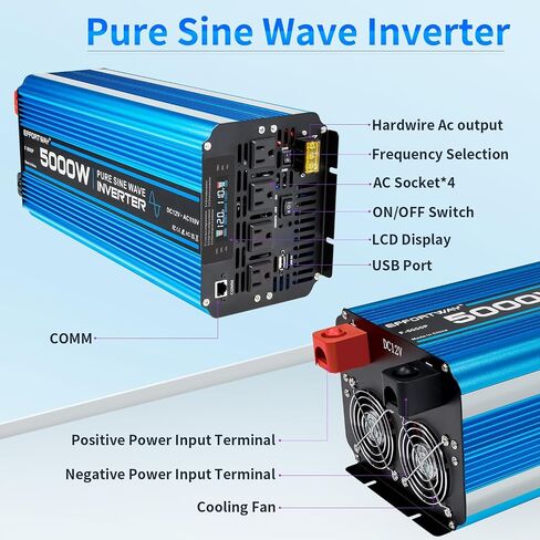 5000W Pure sine Wave Inverter DC 12V to AC 110V/120V Converter 10000w (Peak) with LCD Display Wireless/Wired Remote Control 4AC outlets 4USB and Hardwired AC.Ideal for RV Travel Off-Grid Solar Systems in Kuwait
