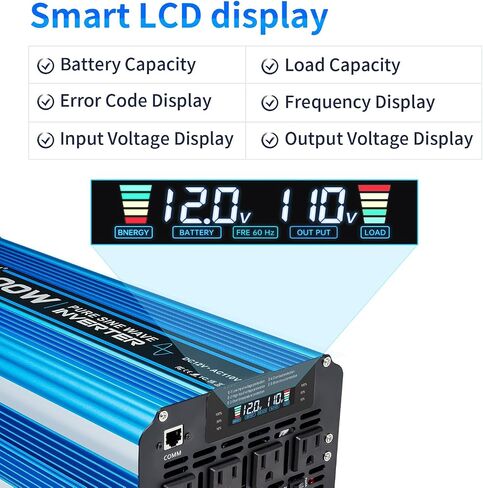 5000W Pure sine Wave Inverter DC 12V to AC 110V/120V Converter 10000w (Peak) with LCD Display Wireless/Wired Remote Control 4AC outlets 4USB and Hardwired AC.Ideal for RV Travel Off-Grid Solar Systems in Kuwait