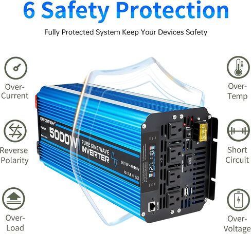 5000W Pure sine Wave Inverter DC 12V to AC 110V/120V Converter 10000w (Peak) with LCD Display Wireless/Wired Remote Control 4AC outlets 4USB and Hardwired AC.Ideal for RV Travel Off-Grid Solar Systems in Kuwait