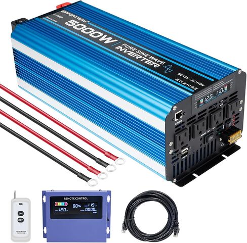 5000W Pure sine Wave Inverter DC 12V to AC 110V/120V Converter 10000w (Peak) with LCD Display Wireless/Wired Remote Control 4AC outlets 4USB and Hardwired AC.Ideal for RV Travel Off-Grid Solar Systems in Kuwait