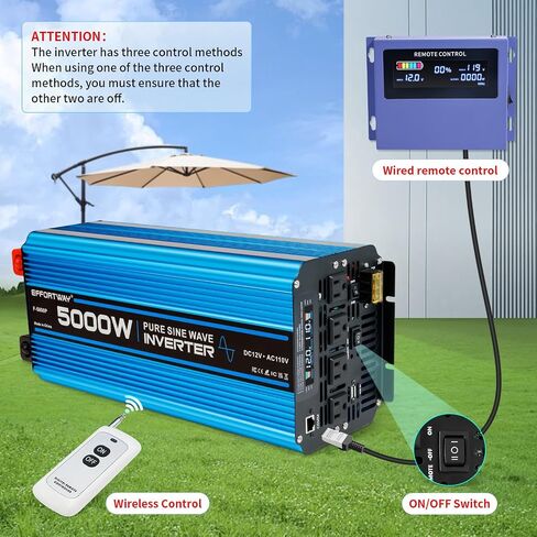 5000W Pure sine Wave Inverter DC 12V to AC 110V/120V Converter 10000w (Peak) with LCD Display Wireless/Wired Remote Control 4AC outlets 4USB and Hardwired AC.Ideal for RV Travel Off-Grid Solar Systems in Kuwait