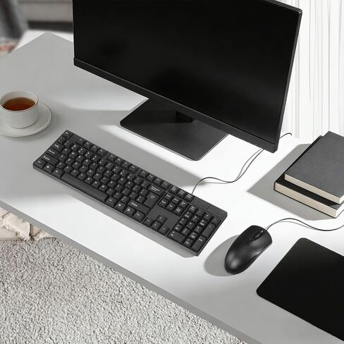 مجموعة لوحة مفاتيح وماوس سلكية بحجم كامل USB 104 مفاتيح ملحقات كمبيوتر هادئة لأجهزة الكمبيوتر المكتبية المكتبية باللون الأسود in Kuwait