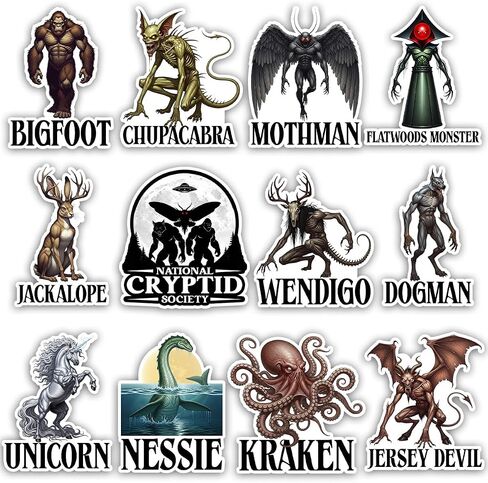 TODOLIA (12Pcs-3in) Cryptids Sticker Pack, Bigfoot Sasquatch Mothman Cryptology Sticker, Cryptology Gift, Jackalope Lochness Monster Decoration for Laptop Tablet Office Water Bottle Helmet Vehicles in Saudi Arabia