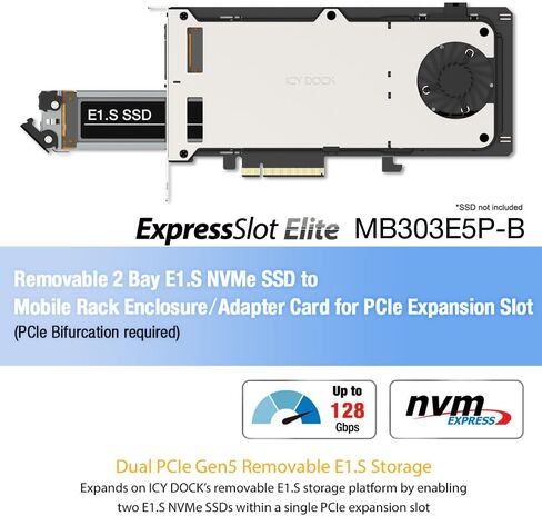 ICY DOCK ExpressSlot Elite MB303E5P-B Removable 2 Bay E1.S NVMe SSD (9.5mm) to PCIe 5.0 x8 Mobile Rack Enclosure / Adapter Card for PCIe Expansion Slot (Bifurcation Required) in Kuwait